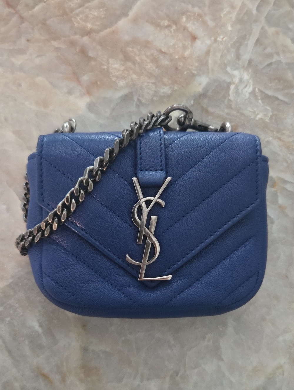 Saint Laurent Navy Quilted Mini College Chevron Lambskin Leather Bag